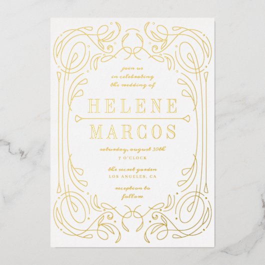 Art Nouveau Wedding Fantinework Gold Folie Uitnodiging (Voorkant)