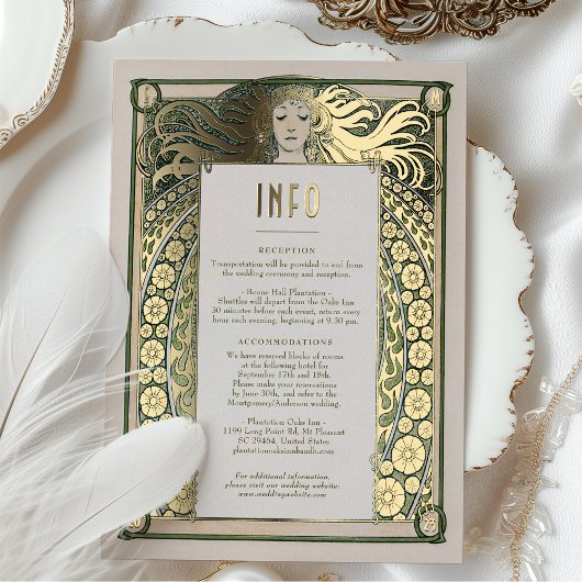 Art Nouveau Wedding Info Details Gold Green Mucha Folie Uitnodiging
