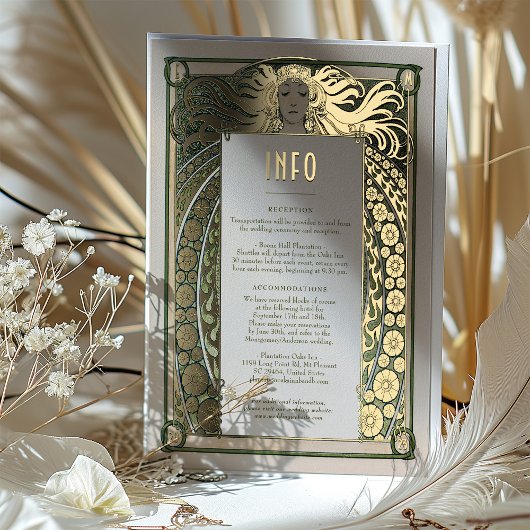 Art Nouveau Wedding Info Details Gold Green Mucha Folie Uitnodiging