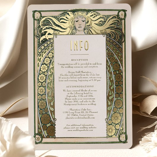 Art Nouveau Wedding Info Details Gold Green Mucha Folie Uitnodiging