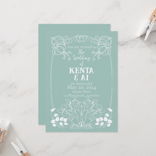 Art Nouveau Wedding Invitation Kaart (Voorkant / Achterkant in situ)