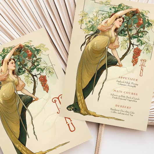 Art Nouveau Wedding Menu Kaart met Druiven