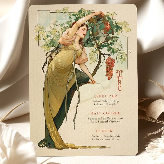 Art Nouveau Wedding Menu Kaart met Druiven