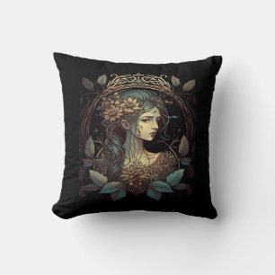 Art Nouveau Whimsigoth Vrouw in Blauwgroen en W Kussen