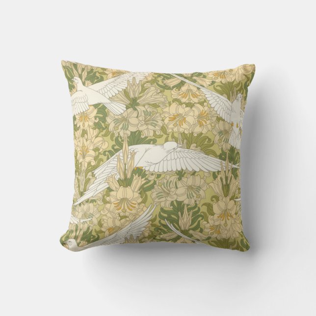 Art Nouveau White Doves met Lilies Pillow Kussen (Voorkant)