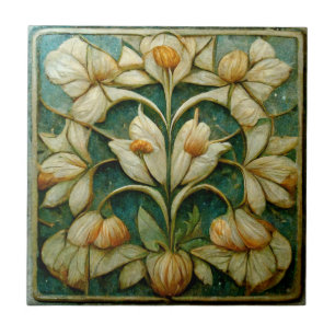 Art Nouveau White Flowers, Blue-Green Background Tegeltje