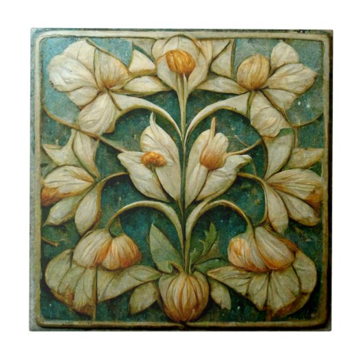 Art Nouveau White Flowers, Blue-Green Background Tegeltje (Voorkant)