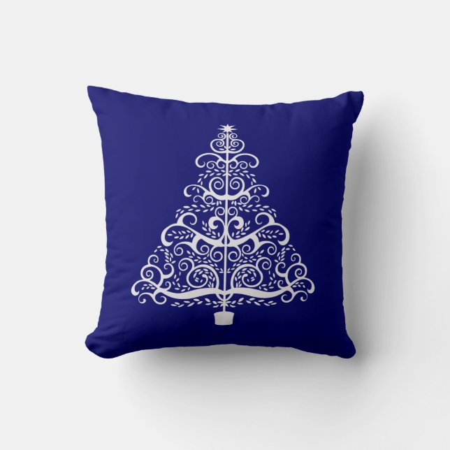 Art Nouveau White Holiday Tree op blauw Kussen (Voorkant)