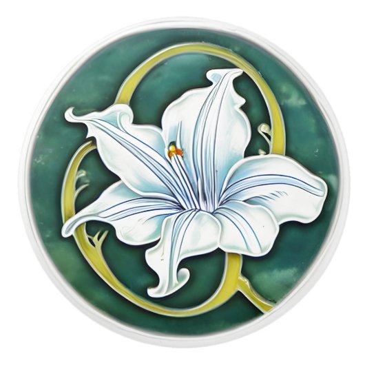 Art Nouveau White Lily Keramische Knop (Voorkant)