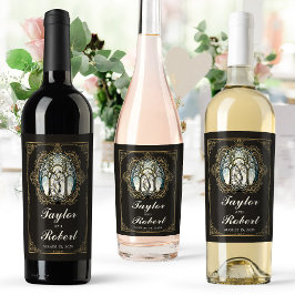 Art Nouveau-wijnlabel met glas-in-lood voor trouwf Wijn Etiket