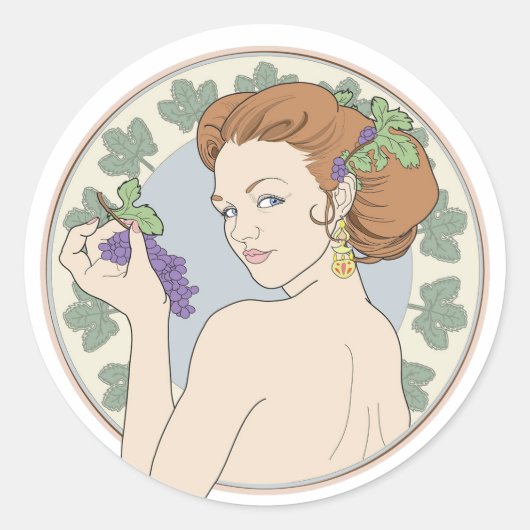 Art Nouveau Wijnliefhebber Meisje met druiven Ronde Sticker (Voorkant)