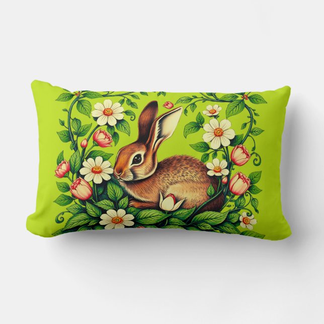 Art Nouveau Wild Rabbit and Flowers Kussen (Voorkant)