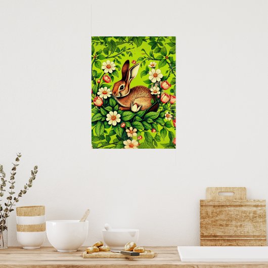 Art Nouveau Wild Rabbit and Flowers Poster (Keuken)