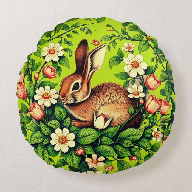 Art Nouveau Wild Rabbit and Flowers Rond Kussen (Voorkant)