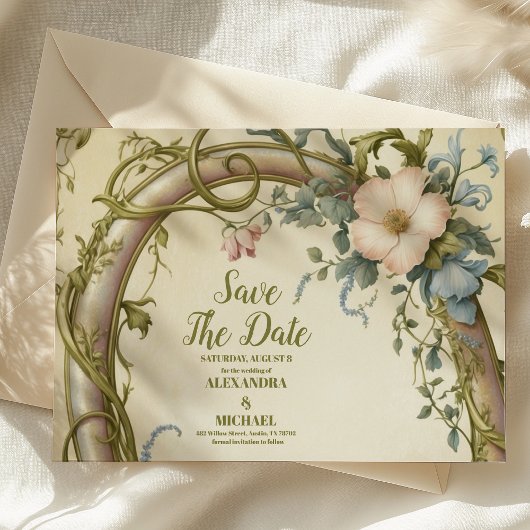 Art Nouveau Wilde Bloem Huwelijk Save The Date