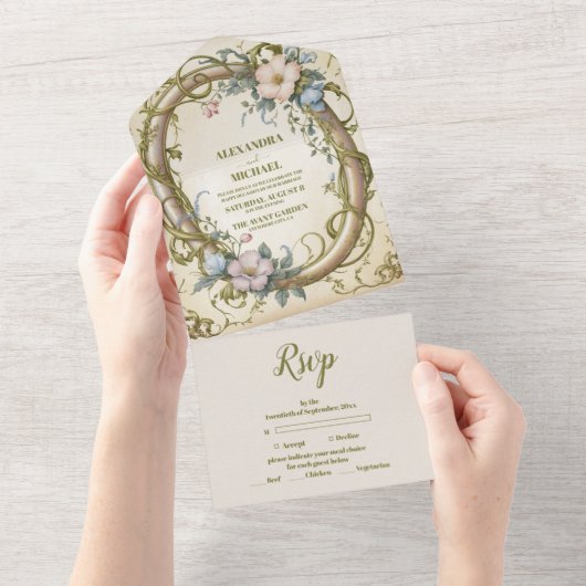 Art Nouveau Wildflower bruiloft All In One Uitnodiging (Afscheurbaar)