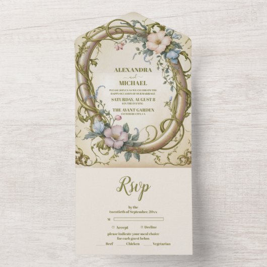 Art Nouveau Wildflower bruiloft All In One Uitnodiging (Binnen)