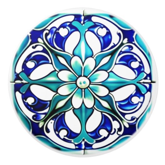 Art Nouveau Wit Aqua Blauw Geometrisch Keramische Knop (Voorkant)