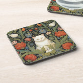 Art nouveau witte kat in de tuin bier onderzetter (Linkerzijde)