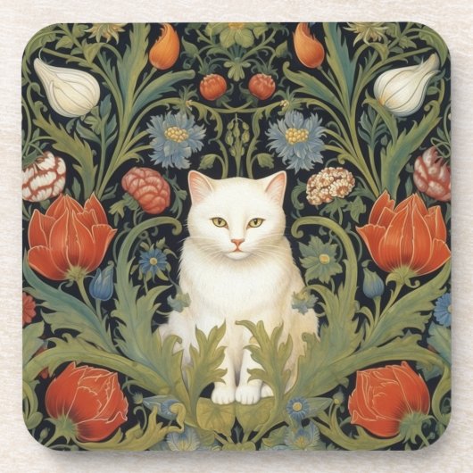 Art nouveau witte kat in de tuin bier onderzetter (Voorkant)