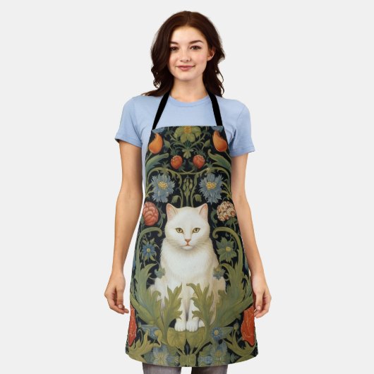 Art nouveau witte kat in de tuin schort (Gedragen)