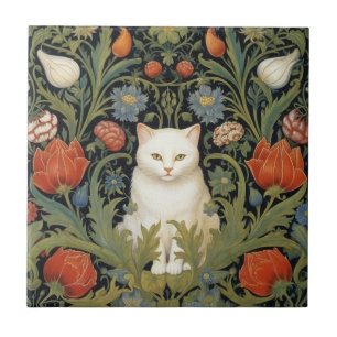 Art nouveau witte kat in de tuin tegeltje