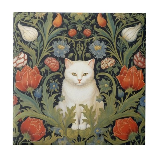 Art nouveau witte kat in de tuin tegeltje (Voorkant)