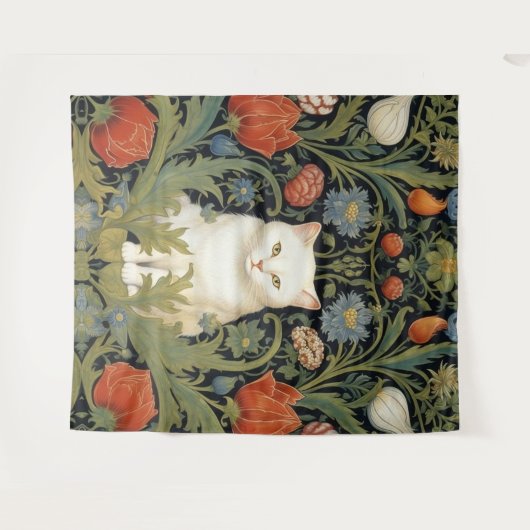Art nouveau witte kat in de tuin wandkleed (Voorkant (horizontaal))