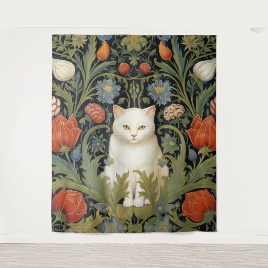 Art nouveau witte kat in de tuin wandkleed (Voorkant)