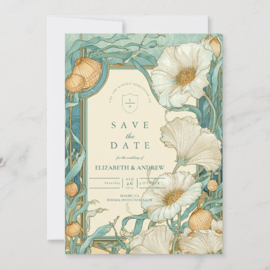 Art Nouveau Witte Poppy bruiloft Save The Date (Voorkant)