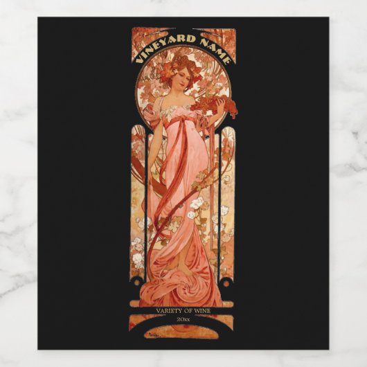 Art Nouveau Woman door Alphonse Mucha Wijn Etiket (Enkel label)
