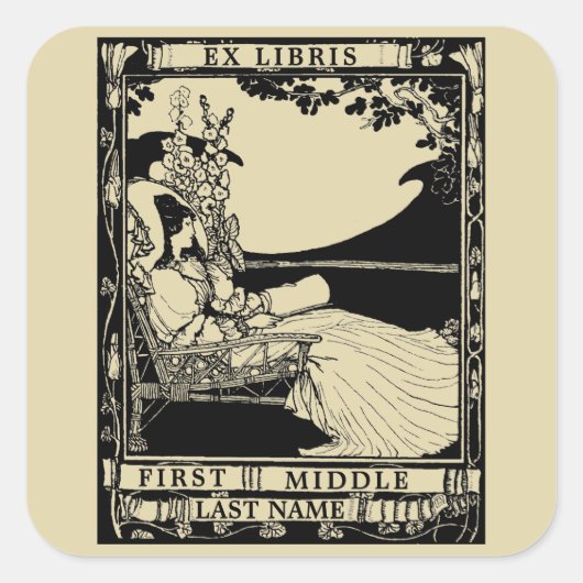  Art Nouveau Woman Ex Libris Sjabloon Vierkante Sticker (Voorkant)