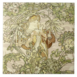  Art Nouveau Woman Floral Pattern van Mucha Tegeltje