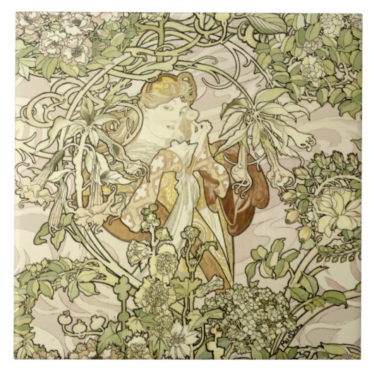  Art Nouveau Woman Floral Pattern van Mucha Tegeltje (Voorkant)