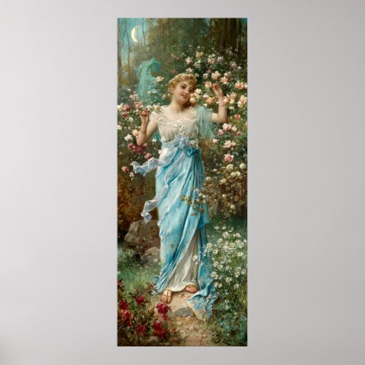 Art Nouveau Woman in Flowers under a Crescent Moon Poster (Voorkant)