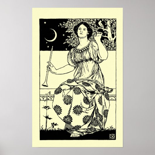  Art Nouveau Woman met Clarinet en Moon Poster (Voorkant)