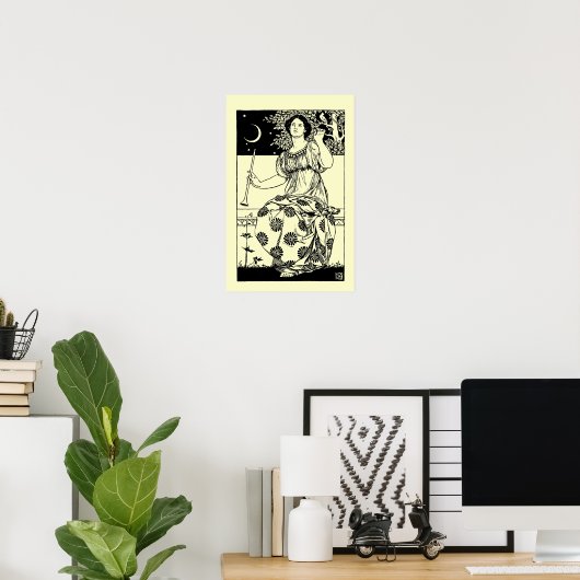  Art Nouveau Woman met Clarinet en Moon Poster (Thuiskantoor)
