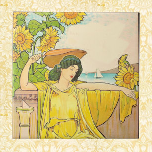 Art Nouveau Woman met zonnebloemen Tegeltje