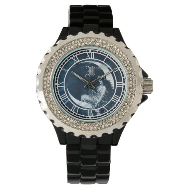  Art Nouveau Woman op Crescent Moon Watch Horloge (Voorkant)