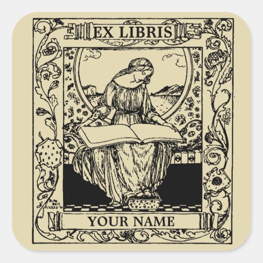 Art Nouveau Woman Reading Book Ex Libris Vierkante Sticker (Voorkant)