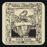 Art Nouveau Woman Reading Book Ex Libris Vierkante Sticker<br><div class="desc">Dit is een digitaal verbeterde afdruk van een  Victoriaans tijdperk Art Nouveau-stijl Ex Libris-bladwijzer met een meisje dat een boek leest. U kunt de tekst in deze sjabloon gemakkelijk personaliseren.</div>
