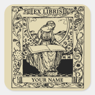 Art Nouveau Woman Reading Book Ex Libris Vierkante Sticker