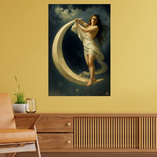 Art Nouveau Woman Riding On A Crescent Moon Poster (Woonkamer 2)