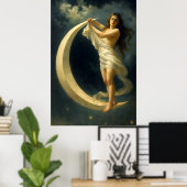 Art Nouveau Woman Riding On A Crescent Moon Poster (Thuiskantoor)