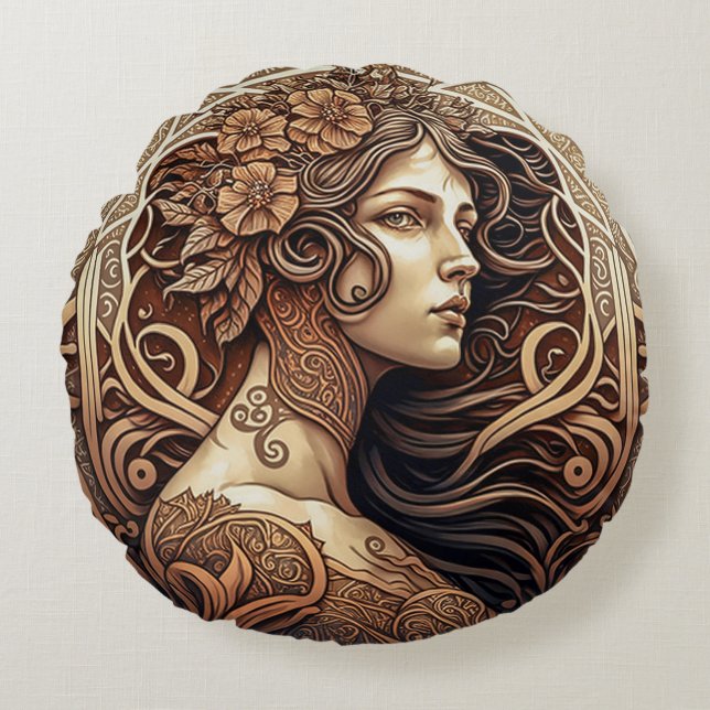 Art Nouveau Woman Round Sierkussen (16 inch) Rond Kussen (Voorkant)