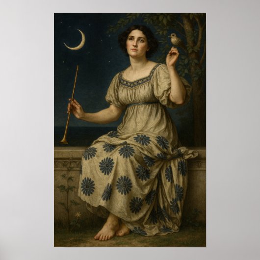 Art Nouveau Woman With Clarinet and Crescent Moon Poster (Voorkant)
