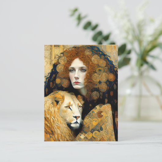 Art Nouveau Woman With Leon Inspired By Klimt Briefkaart (Staand voorkant)