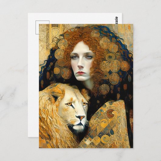 Art Nouveau Woman With Leon Inspired By Klimt Briefkaart (Voorkant / Achterkant)