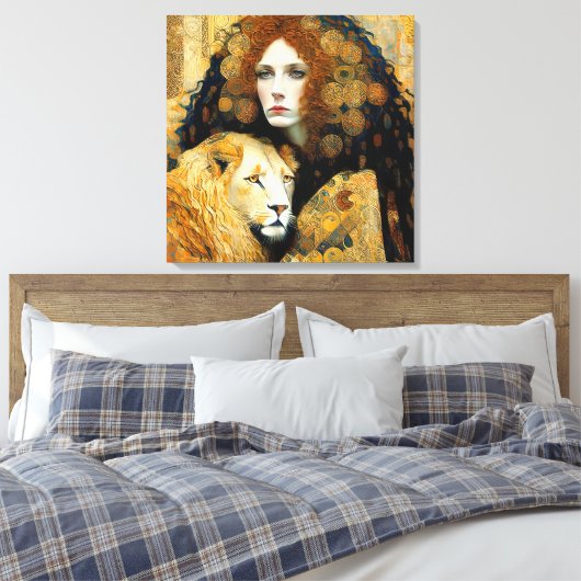 Art Nouveau Woman With Leon Inspired By Klimt Canvas Afdruk (Insitu (Slaapkamer))