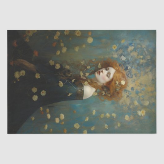 Art Nouveau, woman with red hair in blue and gold, Tissuepapier (Voorkant)